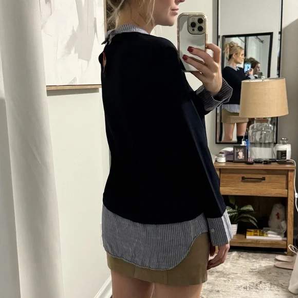 Navy Preppy Style Blouse / Attached Pin Stripe Sleeves & Collar - Picture 3 of 11